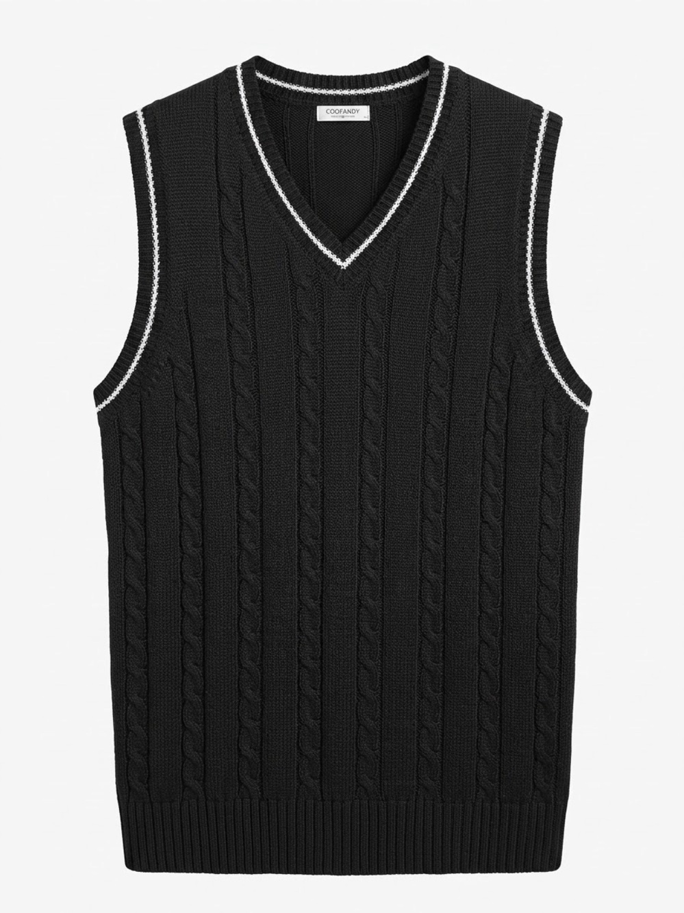 COOFANDY Men's Black Cable-Knit V-Neck Sweater Vest with Contrast Trim